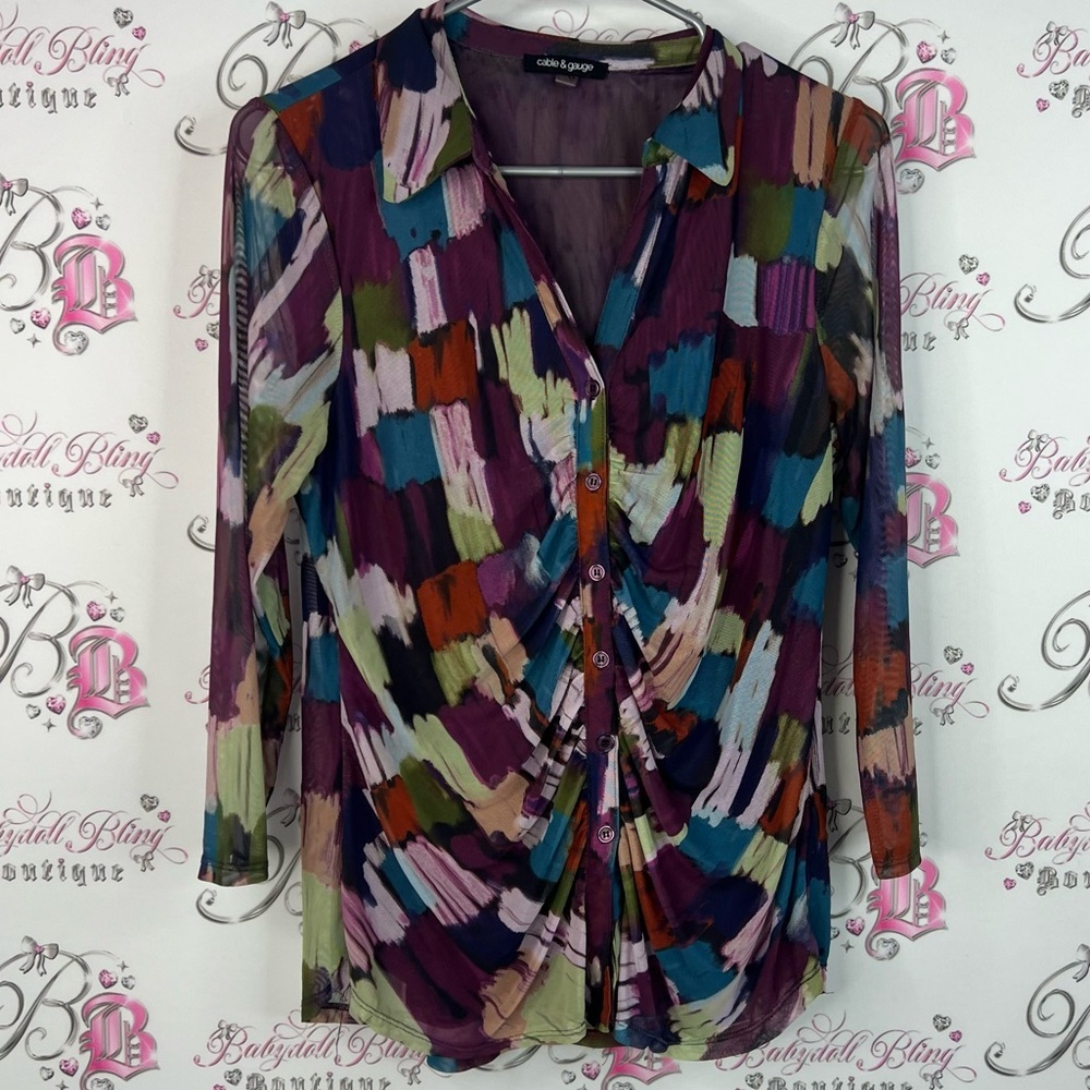 Cable & Gauge button up long sleeve abstract paint Multicolor Abstract Blouse